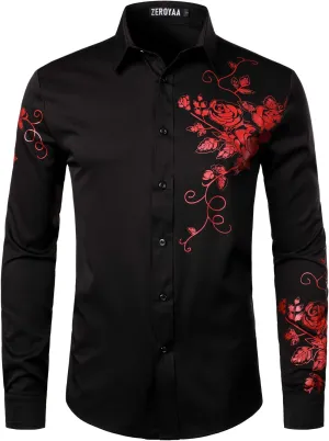 ZEROYAA Men's Hipster Rose Floral Printed Slim Fit Long Sleeve Button Up Party Dress Shirts