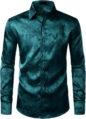 ZEROYAA Men's Shiny Satin Rose Floral Jacquard Long Sleeve Button Up Dress Shirts for Party Prom