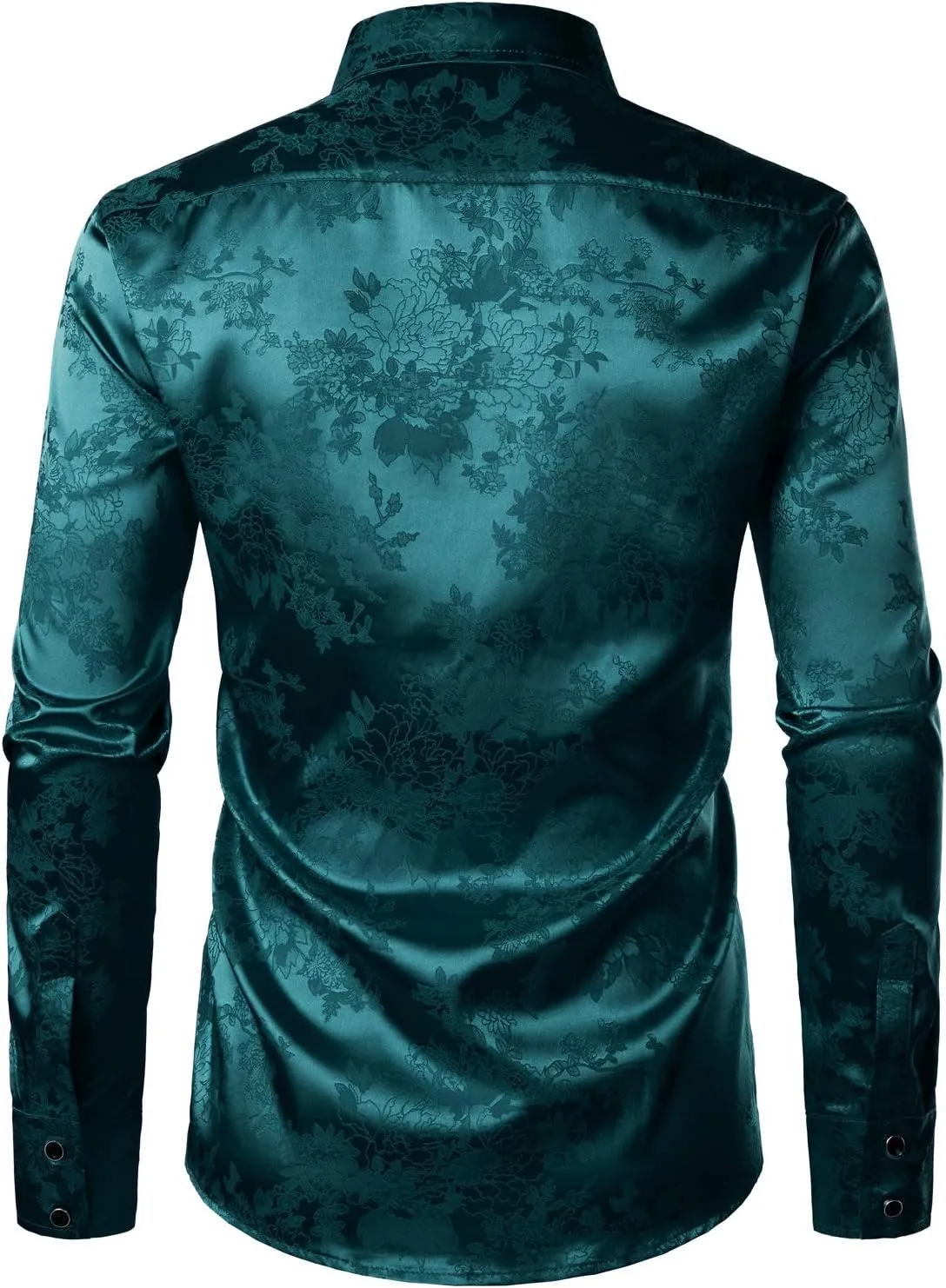 ZEROYAA Men's Shiny Satin Rose Floral Jacquard Long Sleeve Button Up Dress Shirts for Party Prom