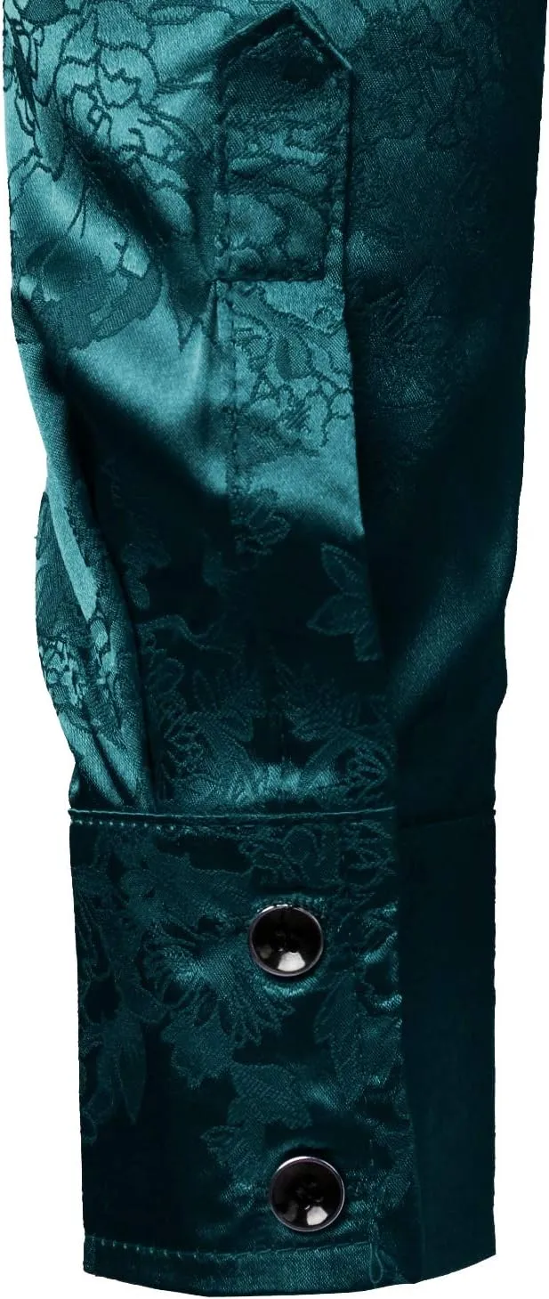 ZEROYAA Men's Shiny Satin Rose Floral Jacquard Long Sleeve Button Up Dress Shirts for Party Prom