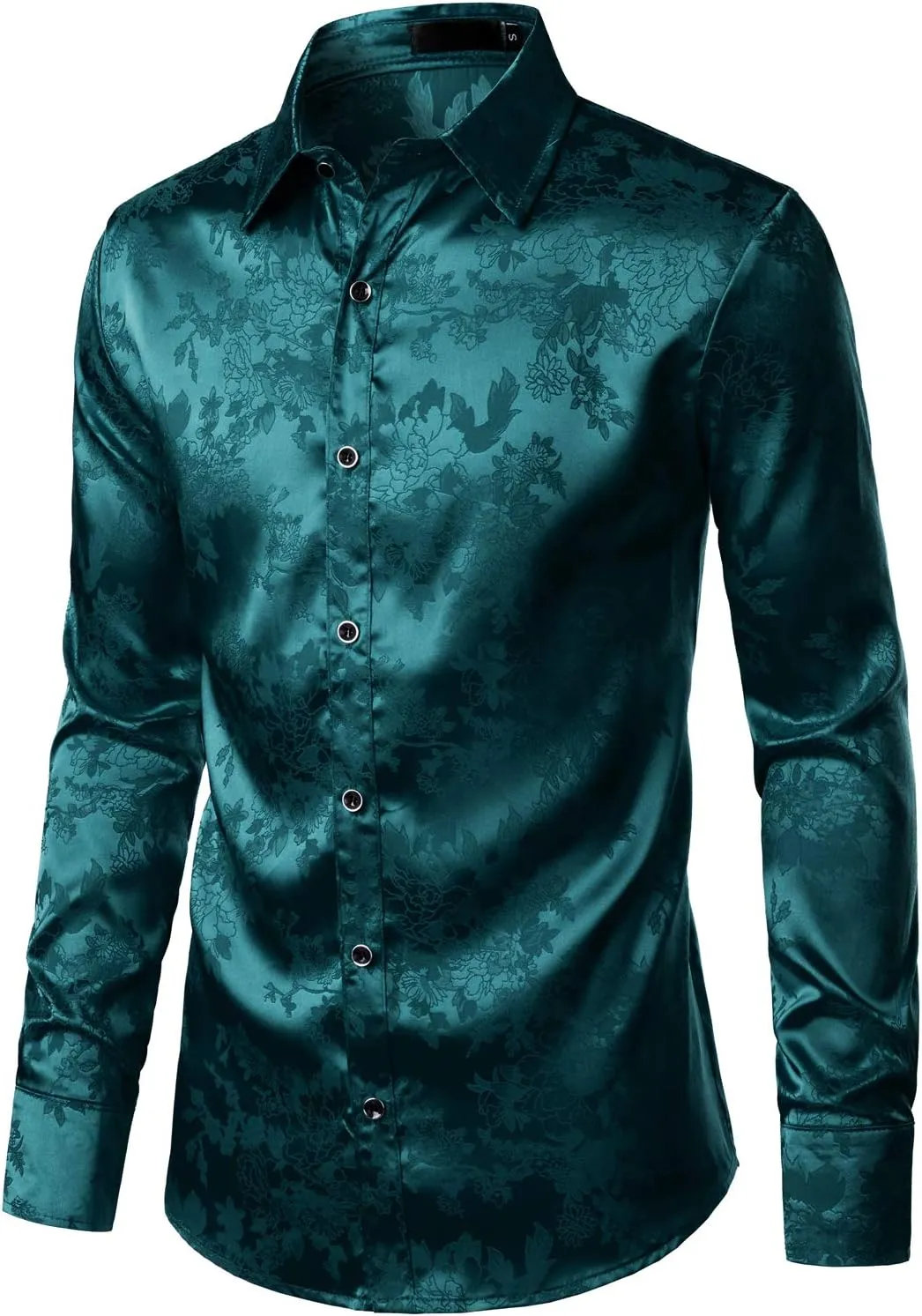 ZEROYAA Men's Shiny Satin Rose Floral Jacquard Long Sleeve Button Up Dress Shirts for Party Prom