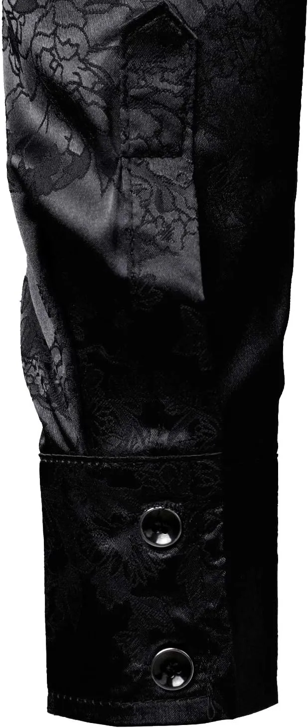 ZEROYAA Men's Shiny Satin Rose Floral Jacquard Long Sleeve Button Up Dress Shirts for Party Prom