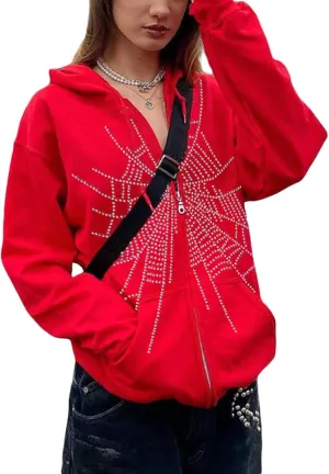 Zip Up Hoodies for Women Y2K Spider Web Print Halloween Hooded Sweatshirt Fleece Hoodie Coat Warm Hoody with Pockets